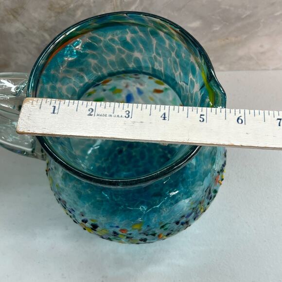 Mexican Hand Blown Glass Art Pitcher Turquoise Multi-Color Confetti 8.5" - Picture 7 of 16